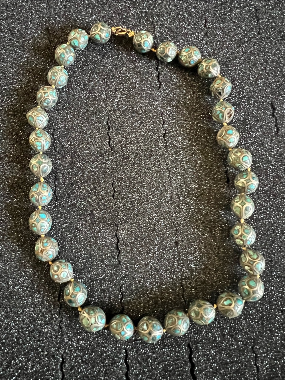 Antique Hand Made Tibetan Style Turquoise Inlay Silver Bead Necklace
